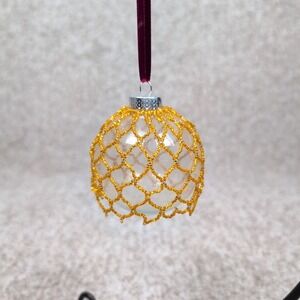 Clear Plastic Christmas Ornament Gold Beaded Net Ribbon Hanger Holiday Decor